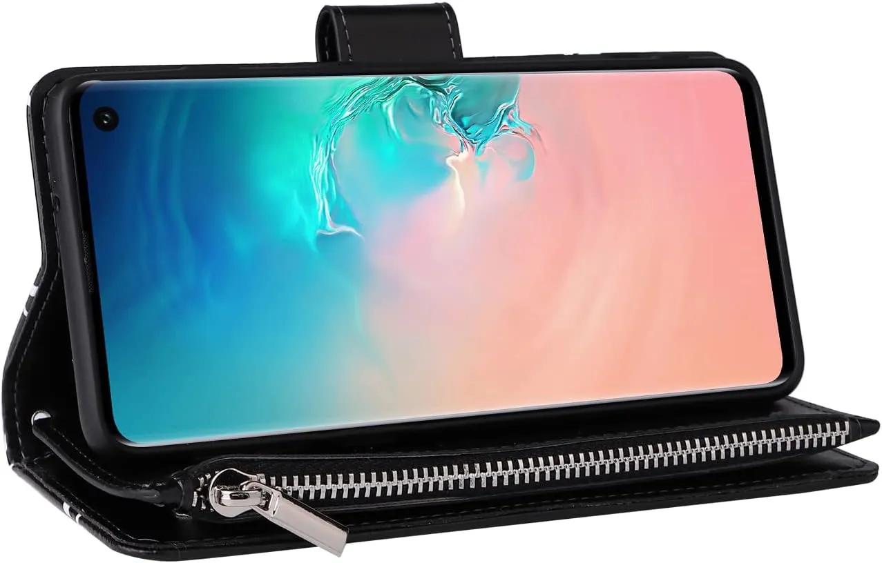 UEEBAI Wallet Case for Samsung Galaxy S10, PU Leather Case Magnetic Closure Handbag Zipper Pocket Case Kickstand Card Slots with Hand Strap Marple Flip Case for Wome
