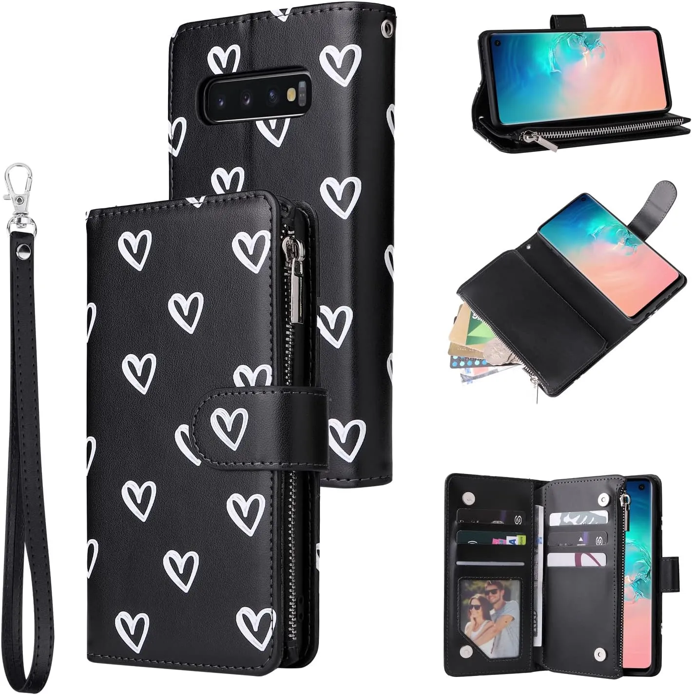 UEEBAI Wallet Case for Samsung Galaxy S10, PU Leather Case Magnetic Closure Handbag Zipper Pocket Case Kickstand Card Slots with Hand Strap Marple Flip Case for Wome