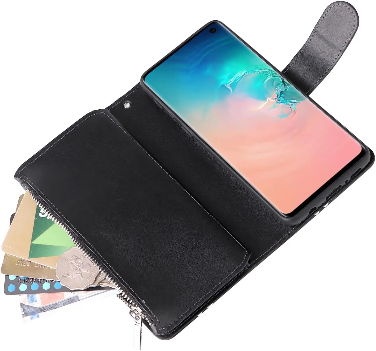 UEEBAI Wallet Case for Samsung Galaxy S10, PU Leather Case Magnetic Closure Handbag Zipper Pocket Case Kickstand Card Slots with Hand Strap Marple Flip Case for Wome