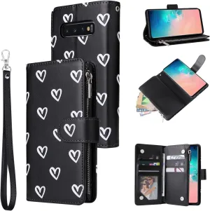 UEEBAI Wallet Case for Samsung Galaxy S10, PU Leather Case Magnetic Closure Handbag Zipper Pocket Case Kickstand Card Slots with Hand Strap Marple Flip Case for Wome
