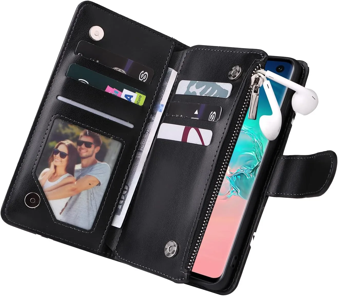 UEEBAI Wallet Case for Samsung Galaxy S10, PU Leather Case Magnetic Closure Handbag Zipper Pocket Case Kickstand Card Slots with Hand Strap Marple Flip Case for Wome
