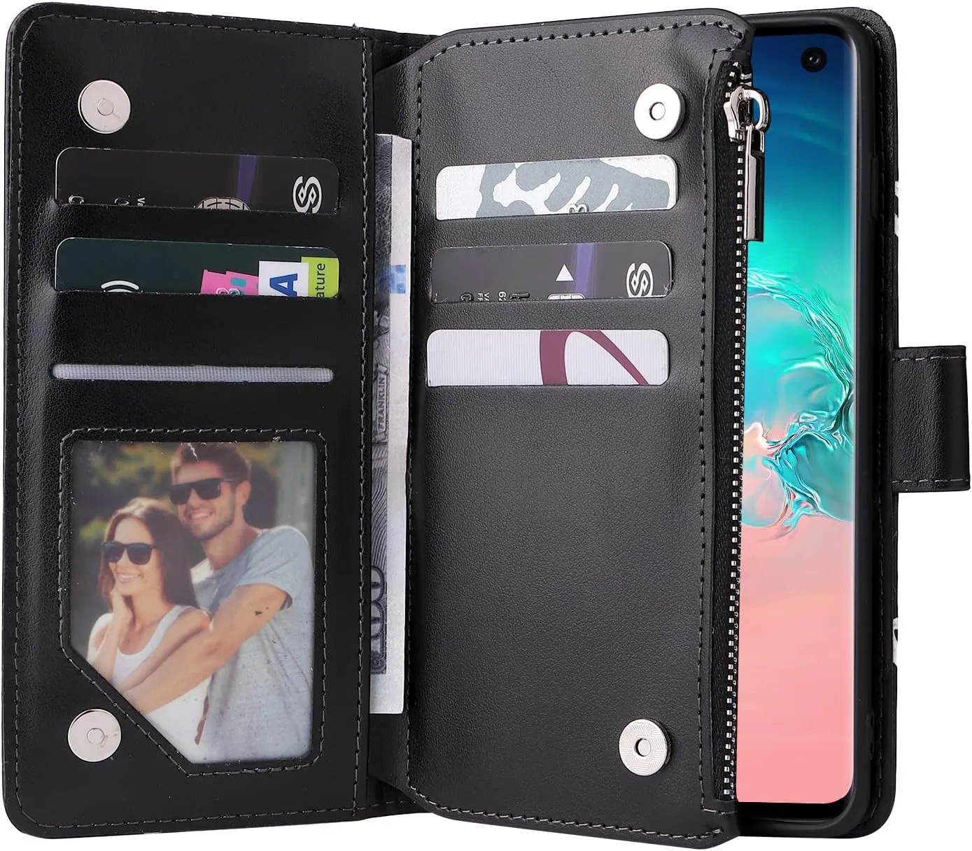UEEBAI Wallet Case for Samsung Galaxy S10, PU Leather Case Magnetic Closure Handbag Zipper Pocket Case Kickstand Card Slots with Hand Strap Marple Flip Case for Wome