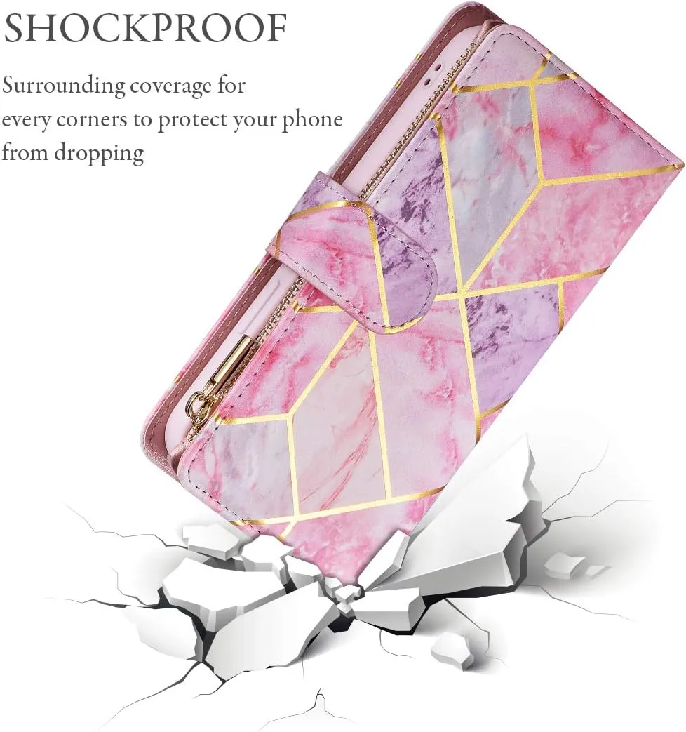 UEEBAI Wallet Case for Samsung Galaxy S24/S25 5G, PU Leather Case Magnetic Closure Handbag Zipper Pocket Case Kickstand Card Slots with Hand Strap Marble Flip Case for Women - Pink&Purple