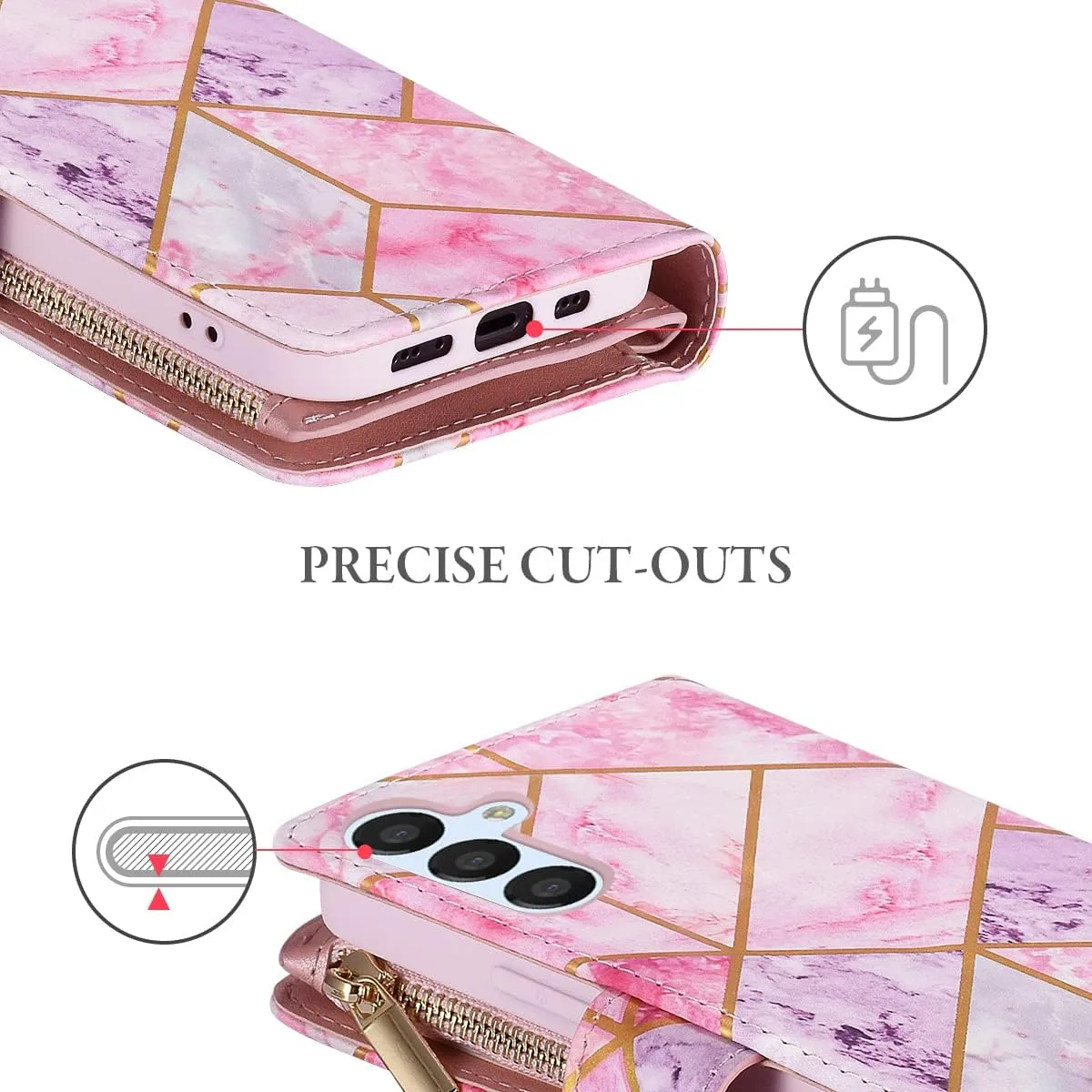 UEEBAI Wallet Case for Samsung Galaxy S24/S25 5G, PU Leather Case Magnetic Closure Handbag Zipper Pocket Case Kickstand Card Slots with Hand Strap Marble Flip Case for Women - Pink&Purple