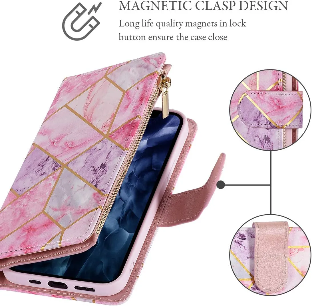 UEEBAI Wallet Case for Samsung Galaxy S24/S25 5G, PU Leather Case Magnetic Closure Handbag Zipper Pocket Case Kickstand Card Slots with Hand Strap Marble Flip Case for Women - Pink&Purple