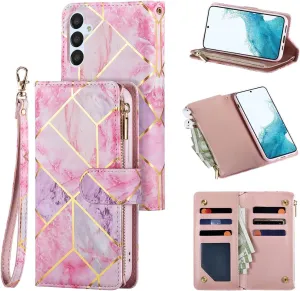 UEEBAI Wallet Case for Samsung Galaxy S24/S25 5G, PU Leather Case Magnetic Closure Handbag Zipper Pocket Case Kickstand Card Slots with Hand Strap Marble Flip Case for Women - Pink&Purple