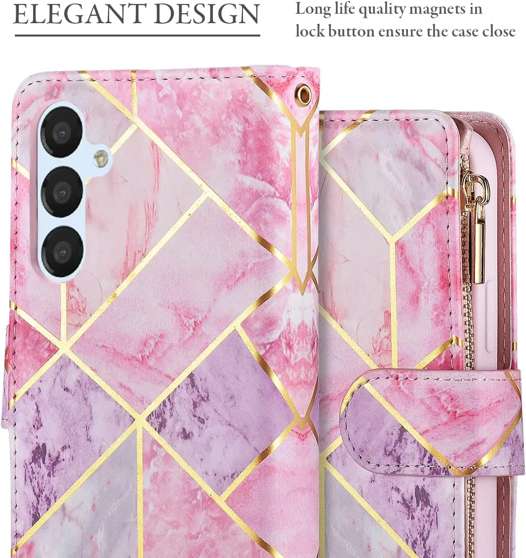 UEEBAI Wallet Case for Samsung Galaxy S24/S25 5G, PU Leather Case Magnetic Closure Handbag Zipper Pocket Case Kickstand Card Slots with Hand Strap Marble Flip Case for Women - Pink&Purple