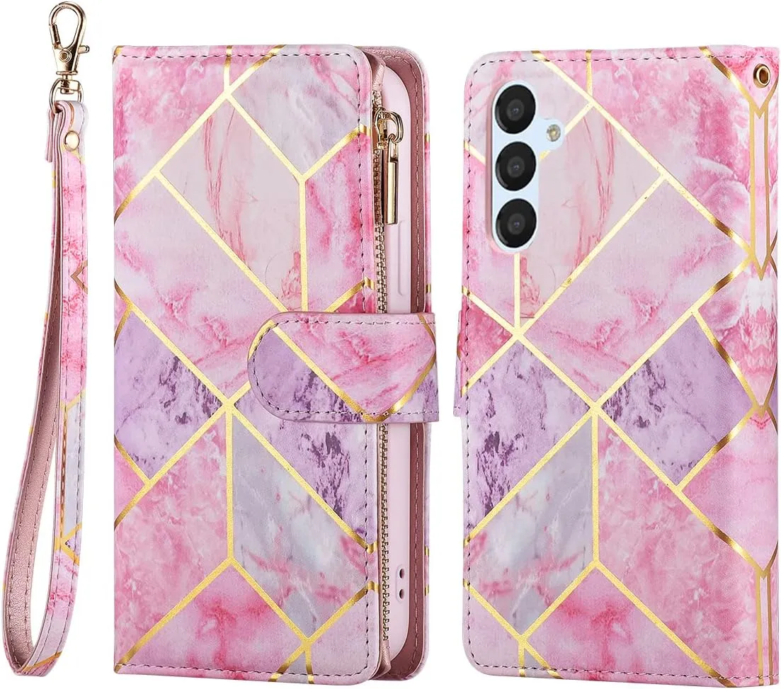UEEBAI Wallet Case for Samsung Galaxy S24/S25 5G, PU Leather Case Magnetic Closure Handbag Zipper Pocket Case Kickstand Card Slots with Hand Strap Marble Flip Case for Women - Pink&Purple