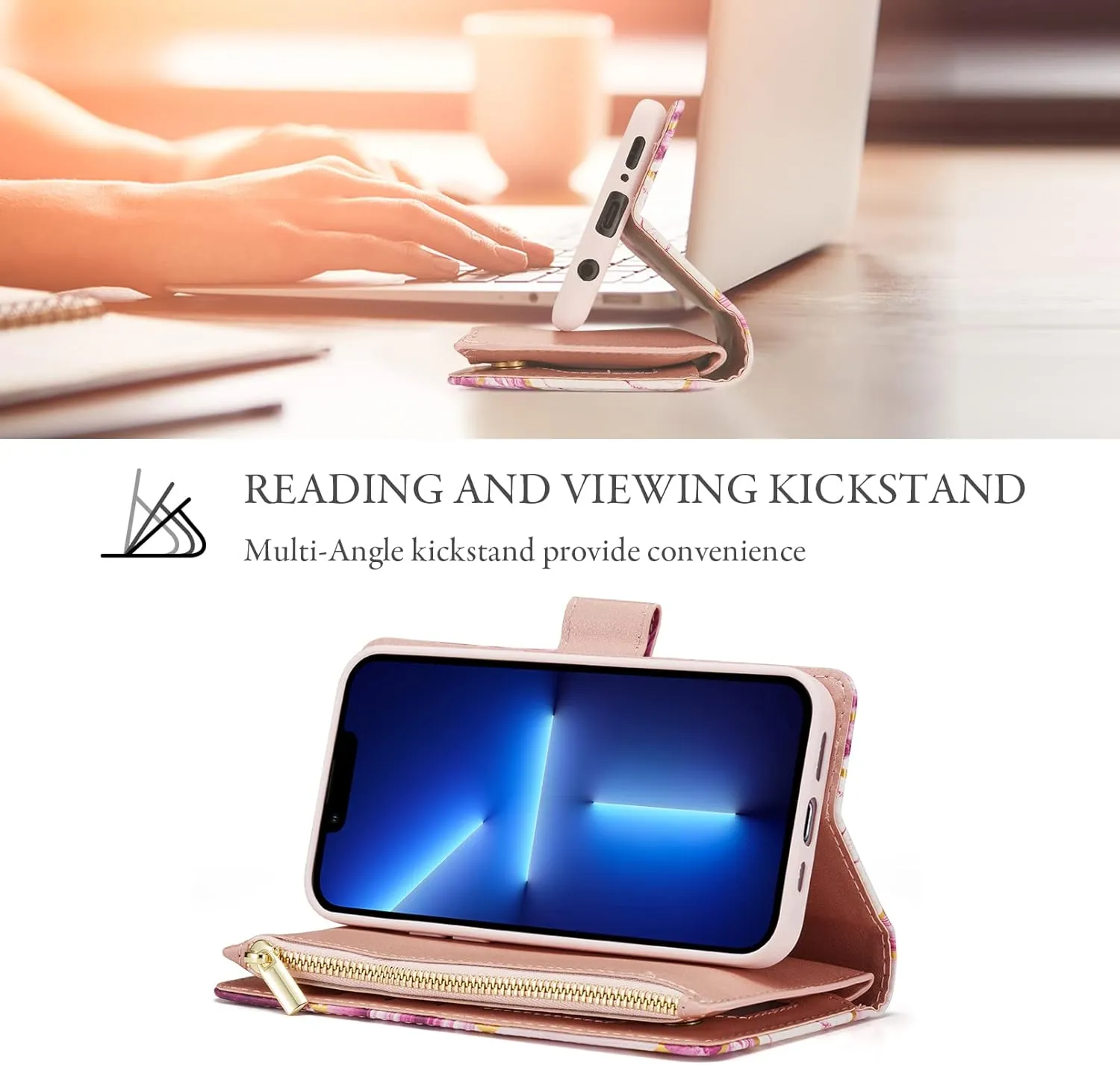 UEEBAI Wallet Case for Samsung Galaxy S24/S25 5G, PU Leather Case Magnetic Closure Handbag Zipper Pocket Case Kickstand Card Slots with Hand Strap Marble Flip Case for Women - Pink&Purple