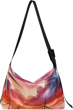 Unisex Shoulder Bag Crossbody Handbag Watercolor-wind-turbines-vintage Women Casual Hobo Bag Lightweight PU Leather Tote