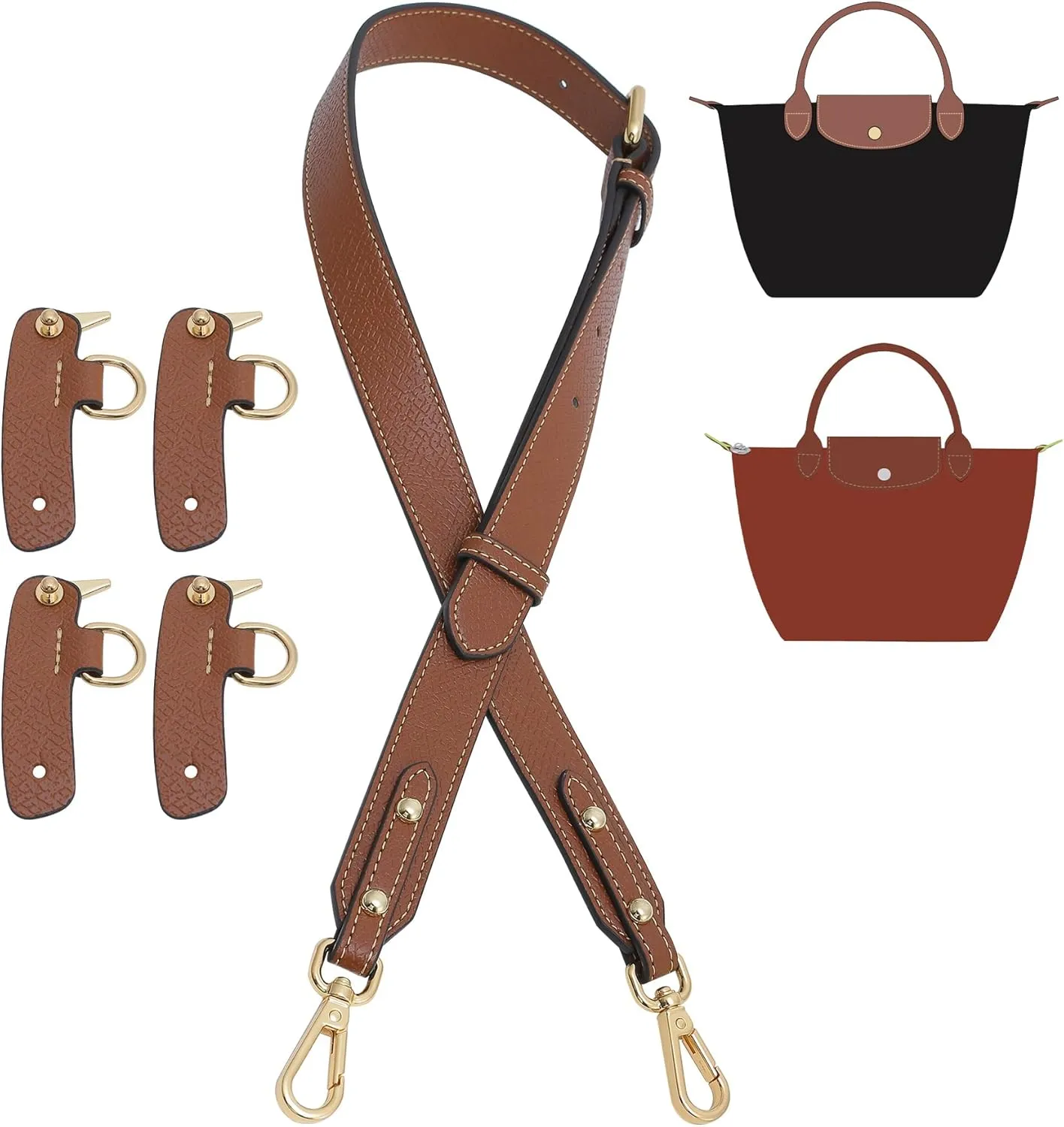 Upgraded 4 Buckles Purse Strap Replacement Compatible with Longchamp S/M/L Bag, Anti-Slip Leather Bag Straps Conversion Kit, Handbags Crossbody Shoulder Strap 34-41'' Adjustable for Women(Brown)