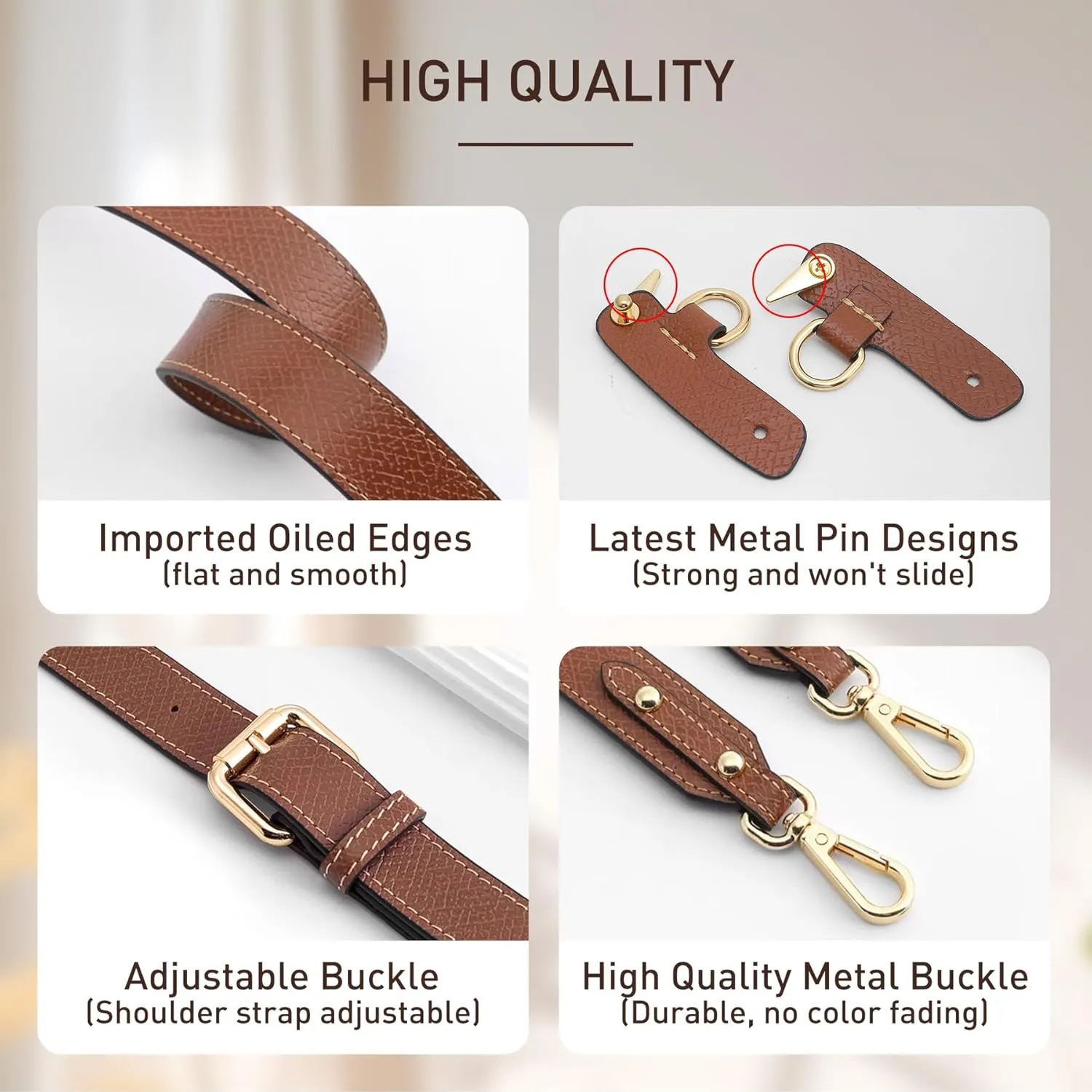 Upgraded 4 Buckles Purse Strap Replacement Compatible with Longchamp S/M/L Bag, Anti-Slip Leather Bag Straps Conversion Kit, Handbags Crossbody Shoulder Strap 34-41'' Adjustable for Women(Brown)