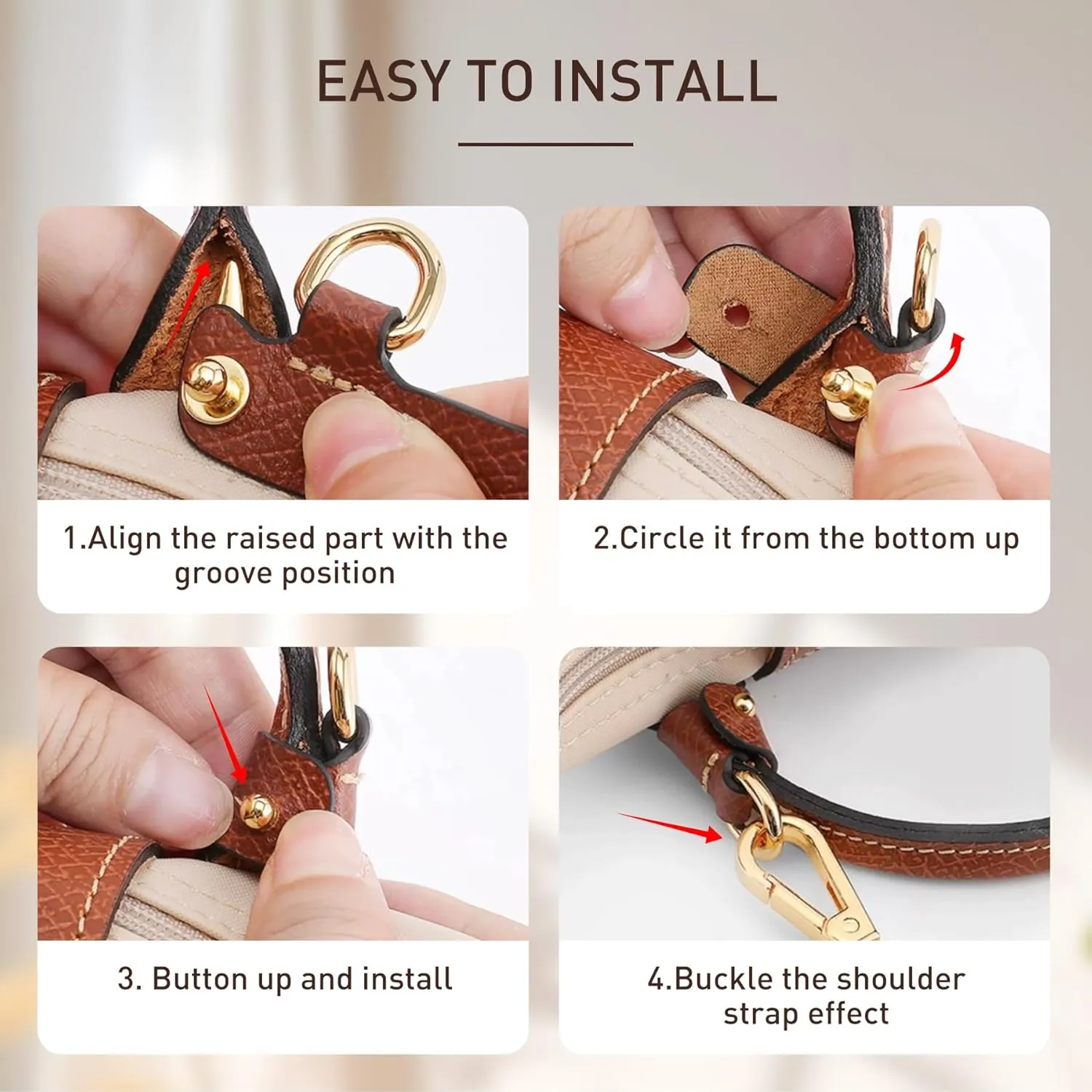 Upgraded 4 Buckles Purse Strap Replacement Compatible with Longchamp S/M/L Bag, Anti-Slip Leather Bag Straps Conversion Kit, Handbags Crossbody Shoulder Strap 34-41'' Adjustable for Women(Brown)