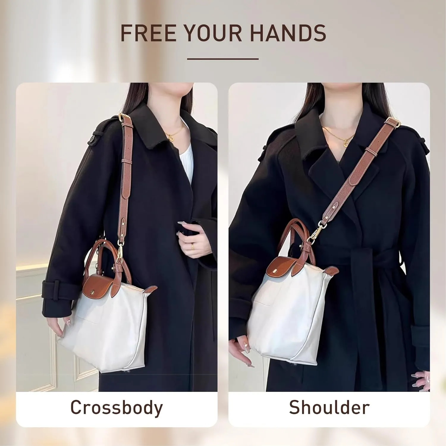 Upgraded 4 Buckles Purse Strap Replacement Compatible with Longchamp S/M/L Bag, Anti-Slip Leather Bag Straps Conversion Kit, Handbags Crossbody Shoulder Strap 34-41'' Adjustable for Women(Brown)