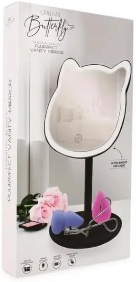 Urban Butterfly Cat-Shaped LED Vanity Mirror, Touch Control, Black Stand with Storage Tray