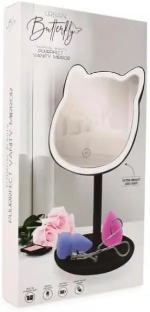 Urban Butterfly Cat-Shaped LED Vanity Mirror, Touch Control, Black Stand with Storage Tray