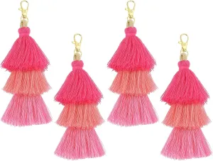 uxcell 4Pcs Tri-Layered Tassels 6.7Inch Tassel Bag Charm Bohemian Keychains Handmade Tassel Keychain for DIY Projects, Jewelry Making, Decoration (Rose Red/Red/Pink)