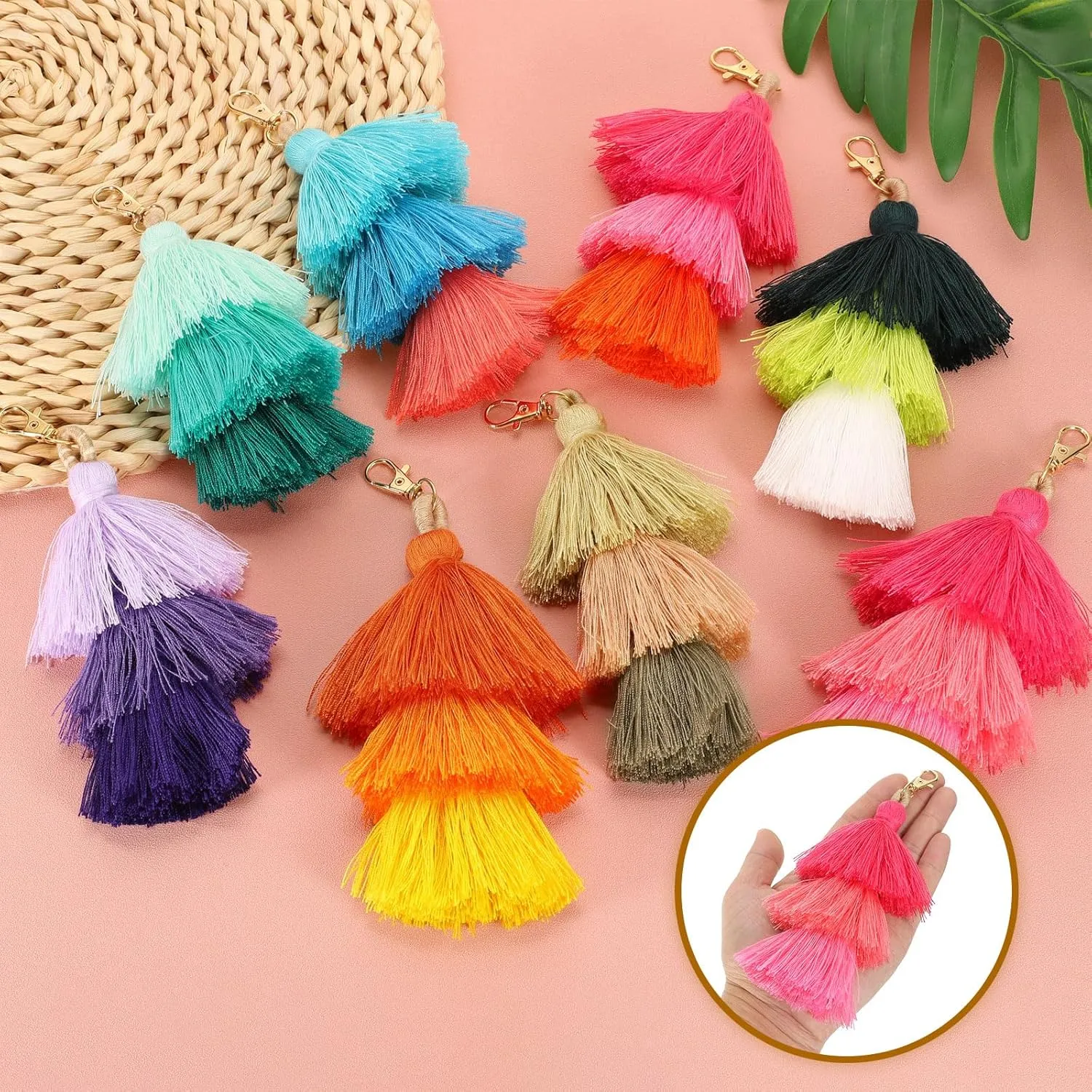 uxcell 4Pcs Tri-Layered Tassels 6.7Inch Tassel Bag Charm Bohemian Keychains Handmade Tassel Keychain for DIY Projects, Jewelry Making, Decoration (Rose Red/Red/Pink)