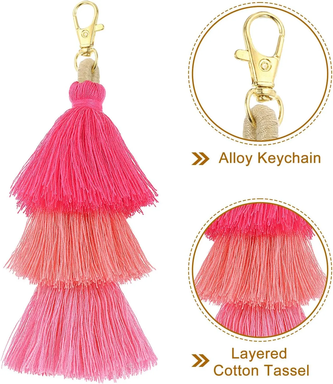 uxcell 4Pcs Tri-Layered Tassels 6.7Inch Tassel Bag Charm Bohemian Keychains Handmade Tassel Keychain for DIY Projects, Jewelry Making, Decoration (Rose Red/Red/Pink)