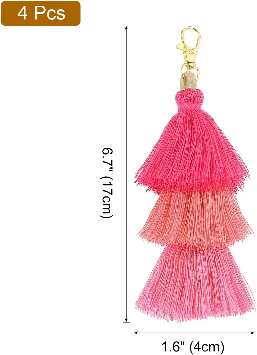 uxcell 4Pcs Tri-Layered Tassels 6.7Inch Tassel Bag Charm Bohemian Keychains Handmade Tassel Keychain for DIY Projects, Jewelry Making, Decoration (Rose Red/Red/Pink)