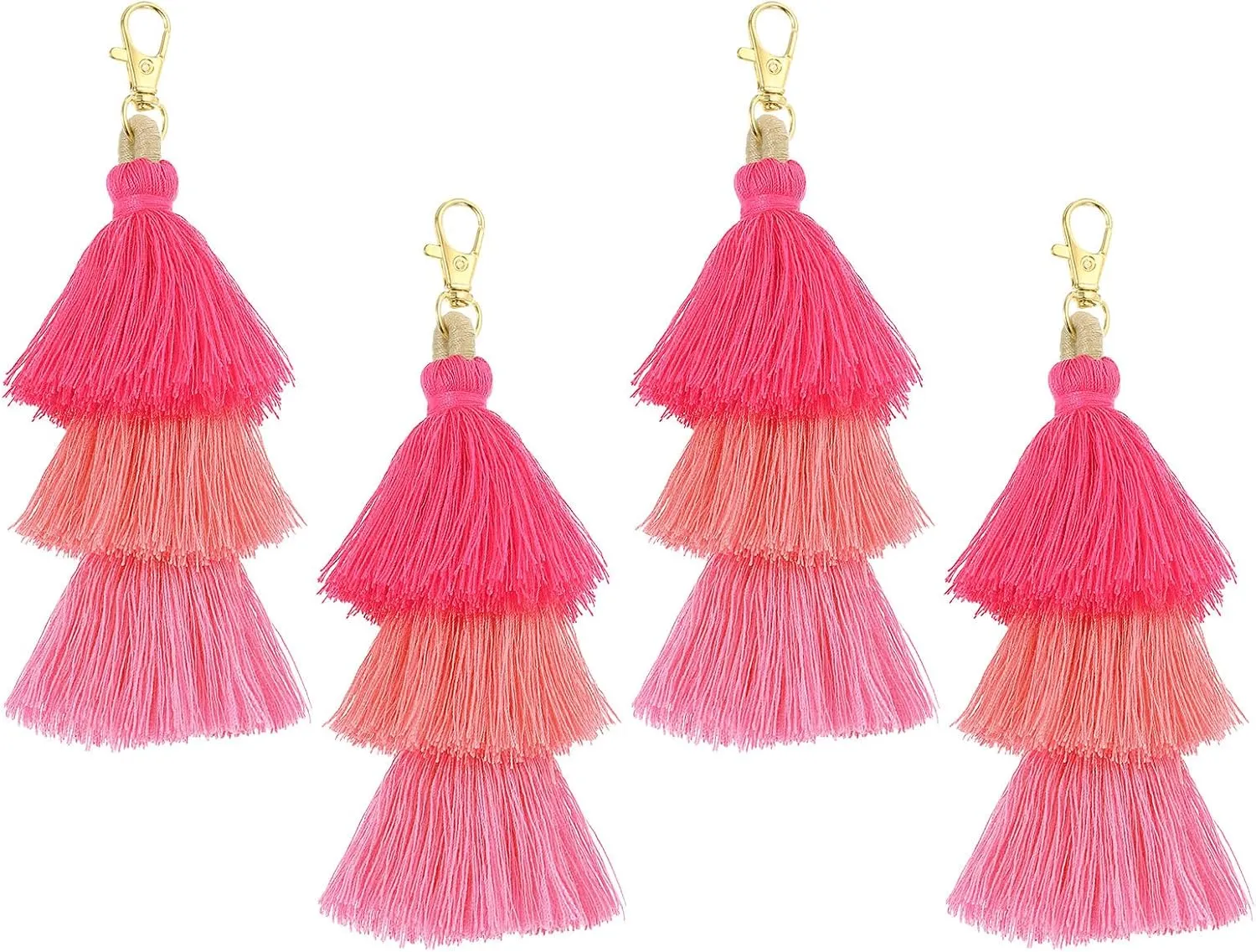 uxcell 4Pcs Tri-Layered Tassels 6.7Inch Tassel Bag Charm Bohemian Keychains Handmade Tassel Keychain for DIY Projects, Jewelry Making, Decoration (Rose Red/Red/Pink)
