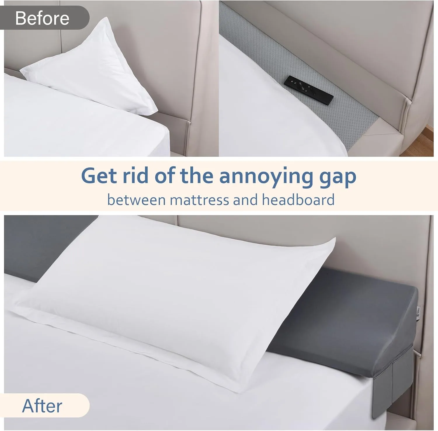 Vekkia Queen Bed Wedge Pillow for Headboard Gap Filler(0-7"),High-Density Foam,Prevents Pillows & Items from Falling,Ergonomic Design,Large Storage Pockets, Removable&Washable Cover,Gray,60''x7''x11''