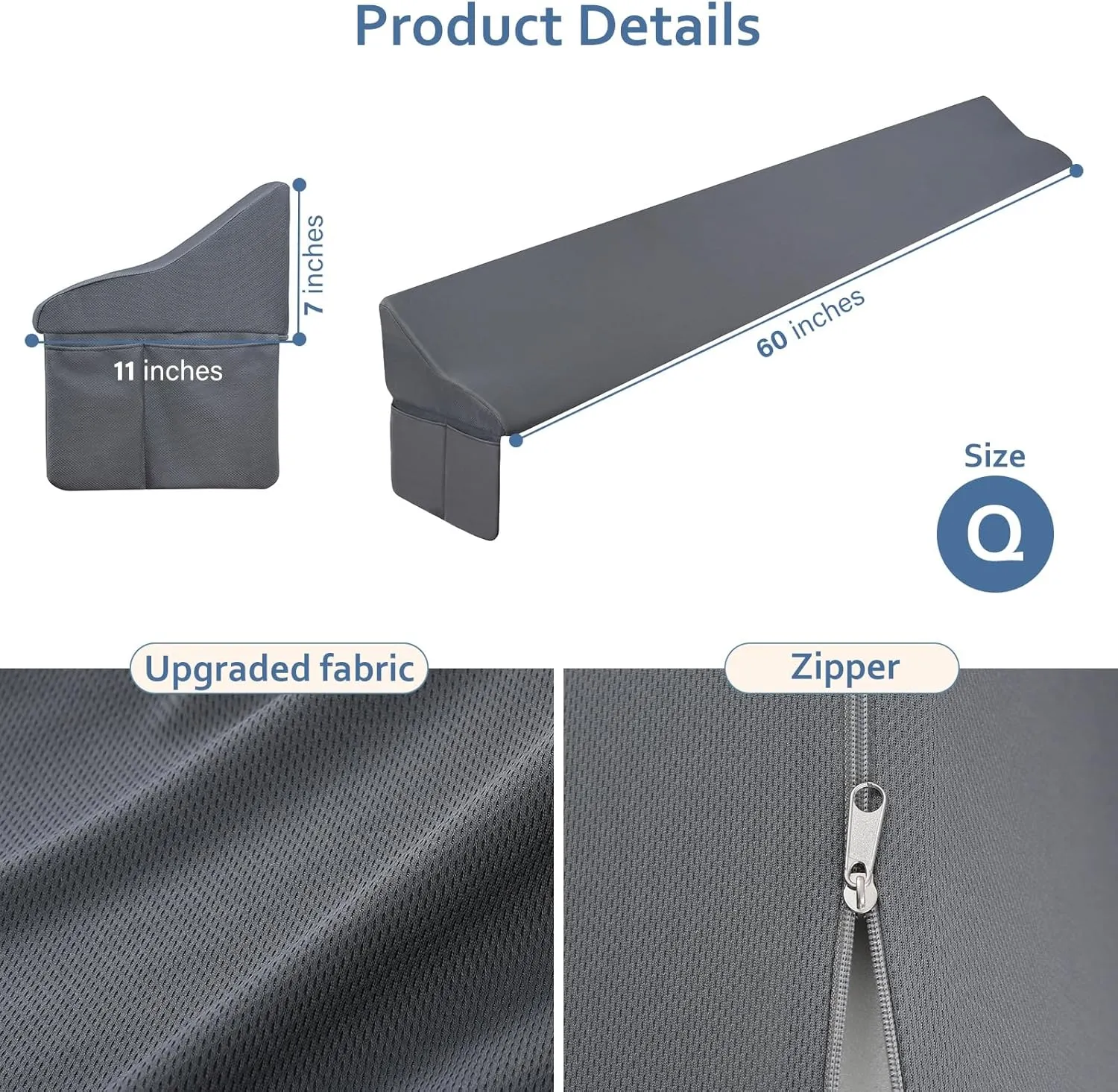 Vekkia Queen Bed Wedge Pillow for Headboard Gap Filler(0-7"),High-Density Foam,Prevents Pillows & Items from Falling,Ergonomic Design,Large Storage Pockets, Removable&Washable Cover,Gray,60''x7''x11''