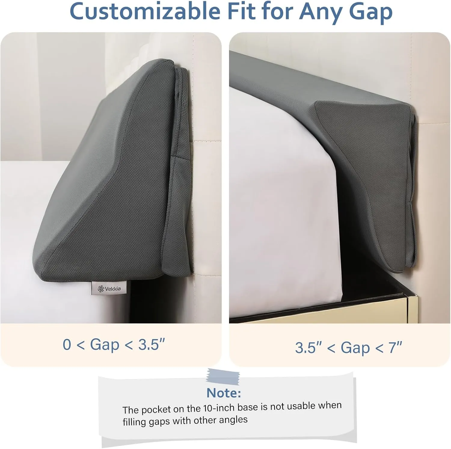 Vekkia Queen Bed Wedge Pillow for Headboard Gap Filler(0-7"),High-Density Foam,Prevents Pillows & Items from Falling,Ergonomic Design,Large Storage Pockets, Removable&Washable Cover,Gray,60''x7''x11''