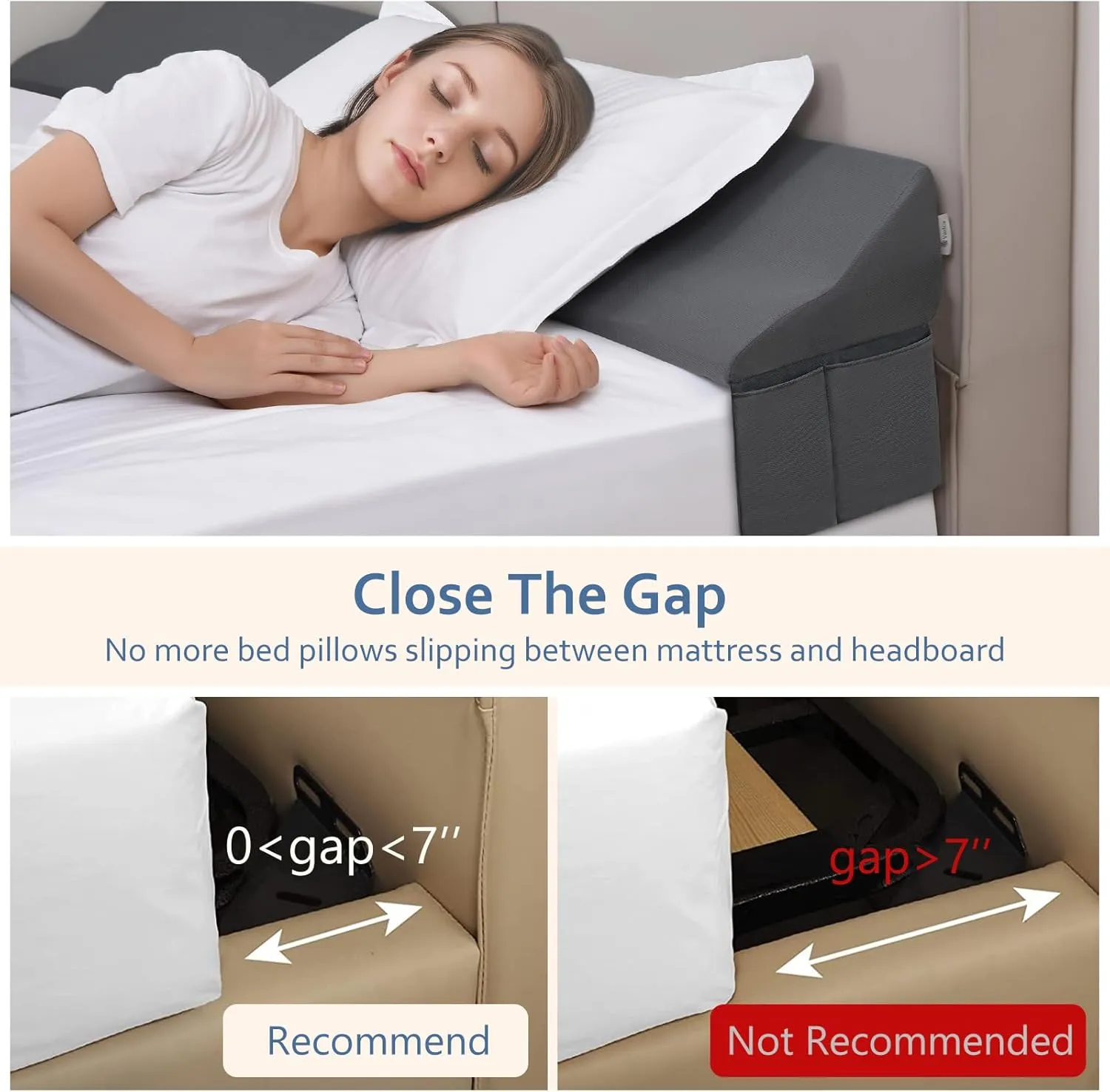Vekkia Queen Bed Wedge Pillow for Headboard Gap Filler(0-7"),High-Density Foam,Prevents Pillows & Items from Falling,Ergonomic Design,Large Storage Pockets, Removable&Washable Cover,Gray,60''x7''x11''
