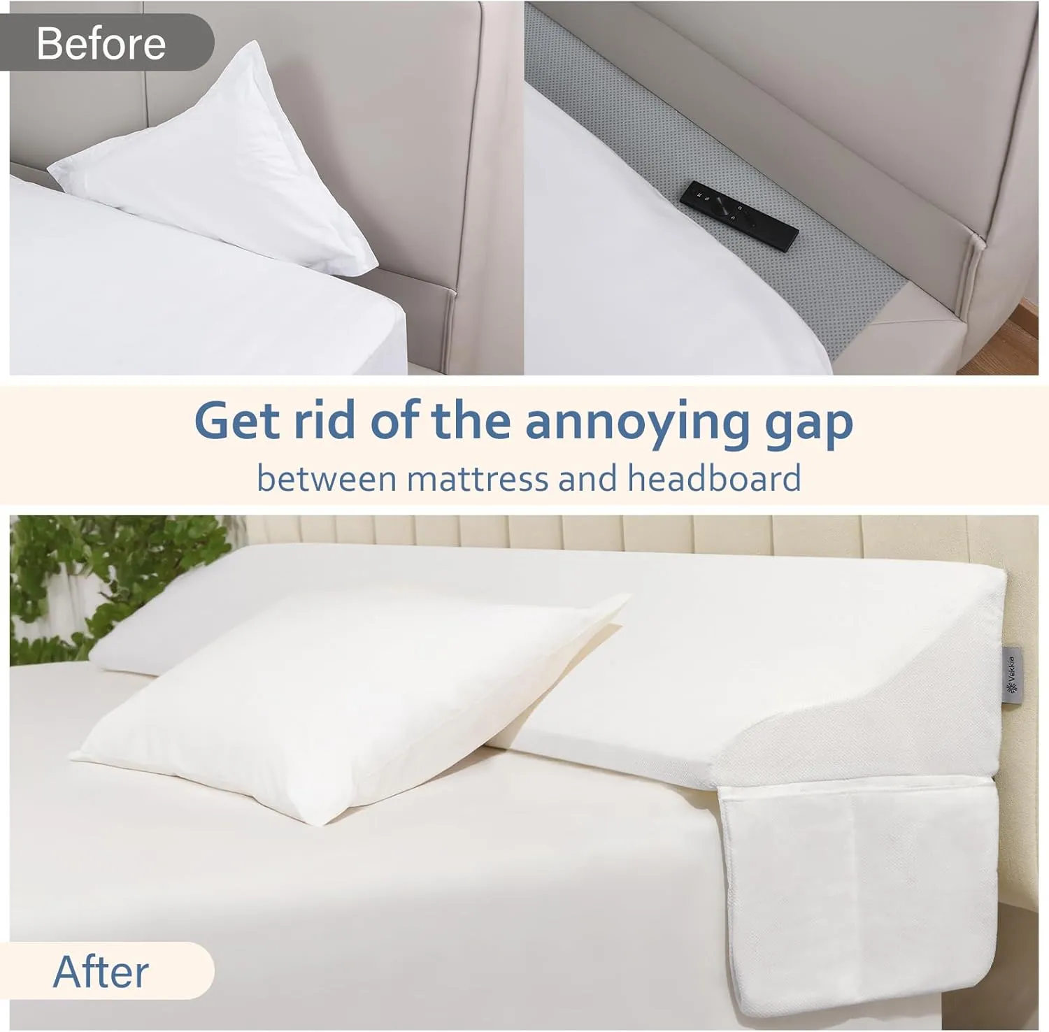 Vekkia Queen Bed Wedge Pillow for Headboard/Bed Gap Filler/Headboard Pillow,Pillow Wedge for Headboard Gap(0-6"),Bed Gap Pillow,Stop Loosing Your Pillows,Phone(White)