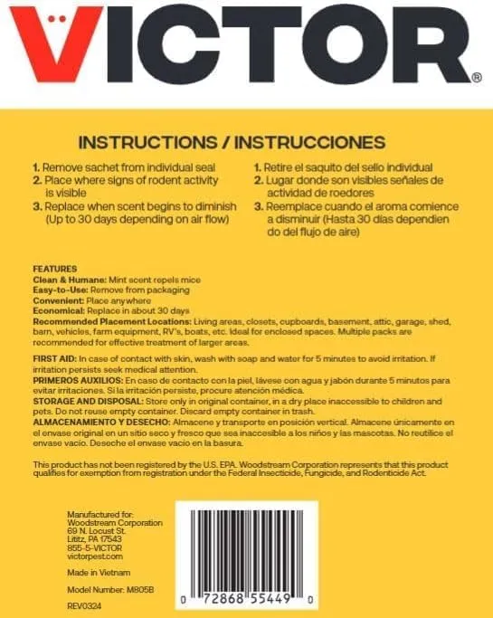 Victor Scent-Away Mouse Repellent Pouches with Peppermint Oil - Natural Rodent Repeller for Indoor and Outdoor Use, 10 Pack M805B-2SR