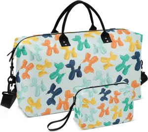 VIGTRO Travel Duffel Bag Weekender Overnight Bag with Toiletry Bag Colorful Dog Balloons Pattern Printed, Carry On Luggage Bag for Hospital Gym Travel Business, 2 Pcs Set