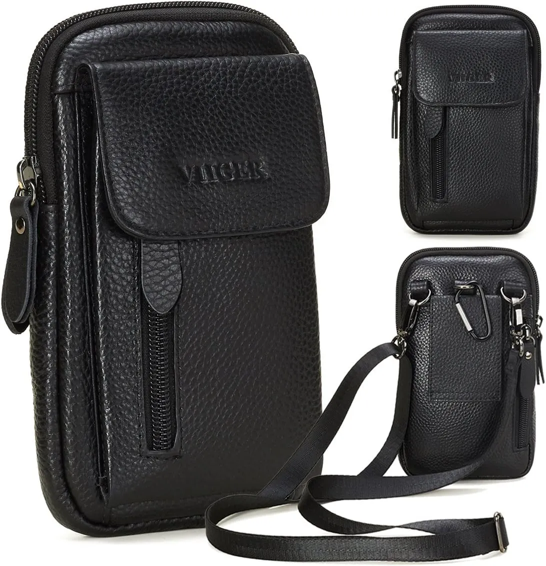 VIIGER Leather Cell Phone Shoulder Holster Compatible with iPhone 16 Pro Max 15 Pro Max Galaxy S25 Ultra Large Multi-Pocket Crossbody Phone Bag Smartphone Pouch with Belt Loop Clip for Women, Black