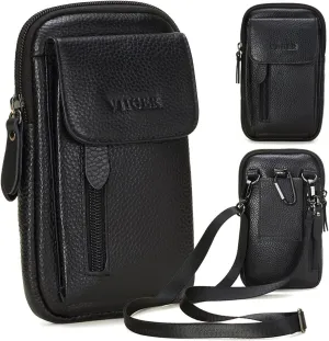 VIIGER Leather Cell Phone Shoulder Holster Compatible with iPhone 16 Pro Max 15 Pro Max Galaxy S25 Ultra Large Multi-Pocket Crossbody Phone Bag Smartphone Pouch with Belt Loop Clip for Women, Black