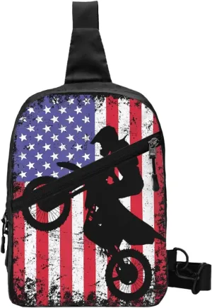Vintage American Motorcycle Flag Dirt Bike Rider Motocross Portable Sling Bags Packable Crossbody Bag Foldable Sport Daypack Reusable Shoulder Backpack Diagonally Chest Bag for Workout Travel
