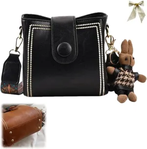 Vintage Fashion Bag with Adjustable Wider Shoulder Strap,Retro Water Bucket Shoulder Bag,Casual Crossbody with Rabbit Pendant