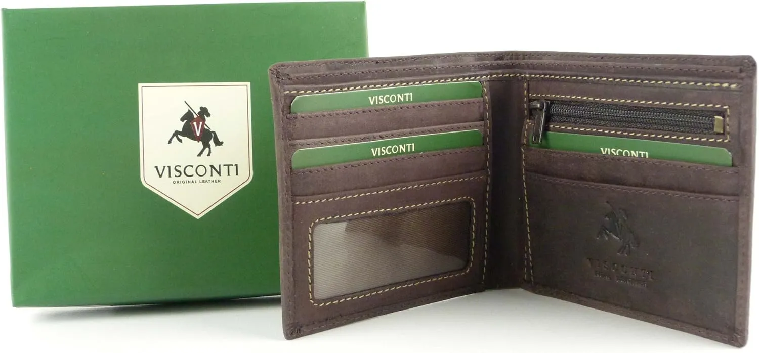 Visconti Men's Premium Leather Wallet By In Distressed Brown Includes Gift Box