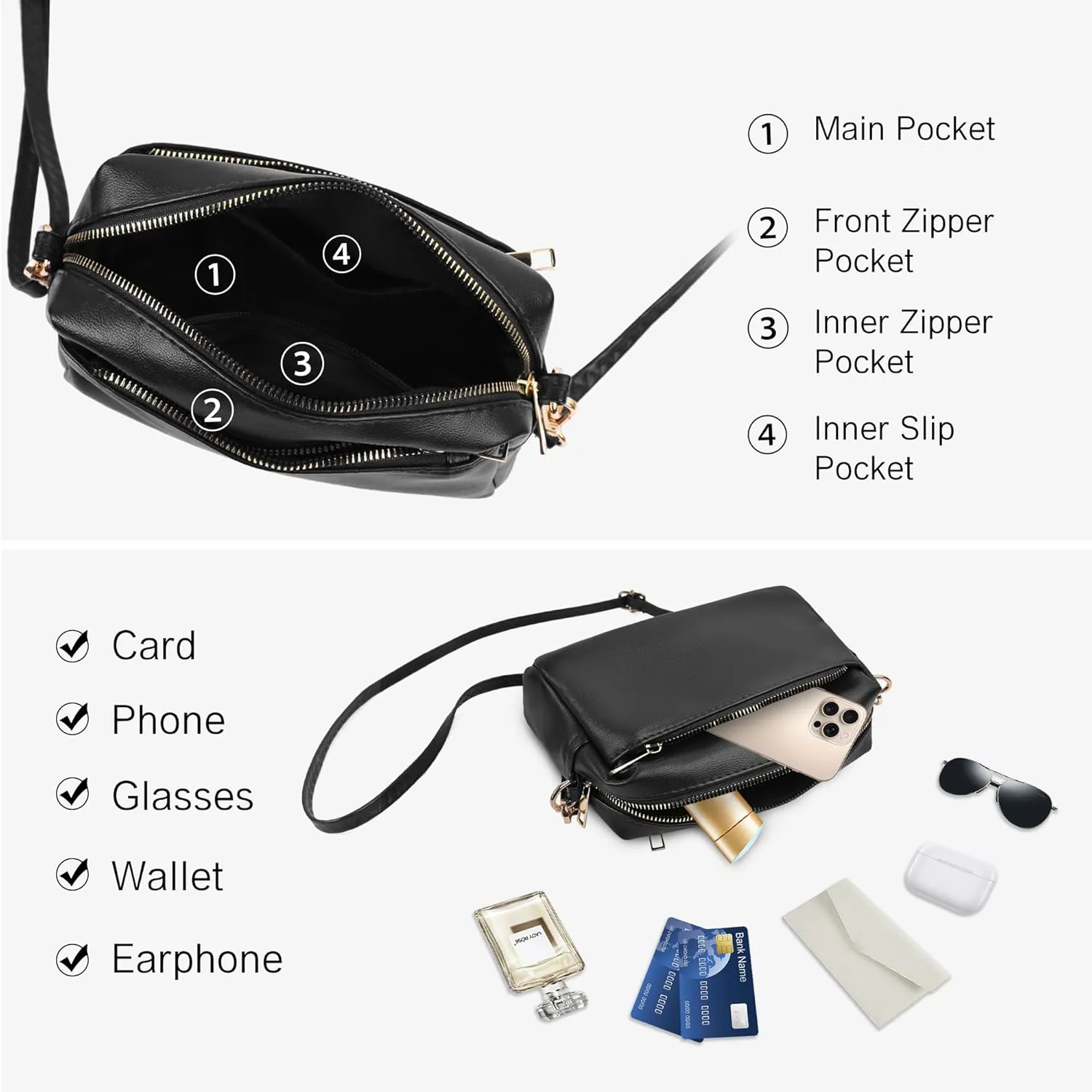 VOROLO Crossbody Bag Triple Zip Small Leather Cross body Purse Shoulder Bag with Ajustable Strap for Women