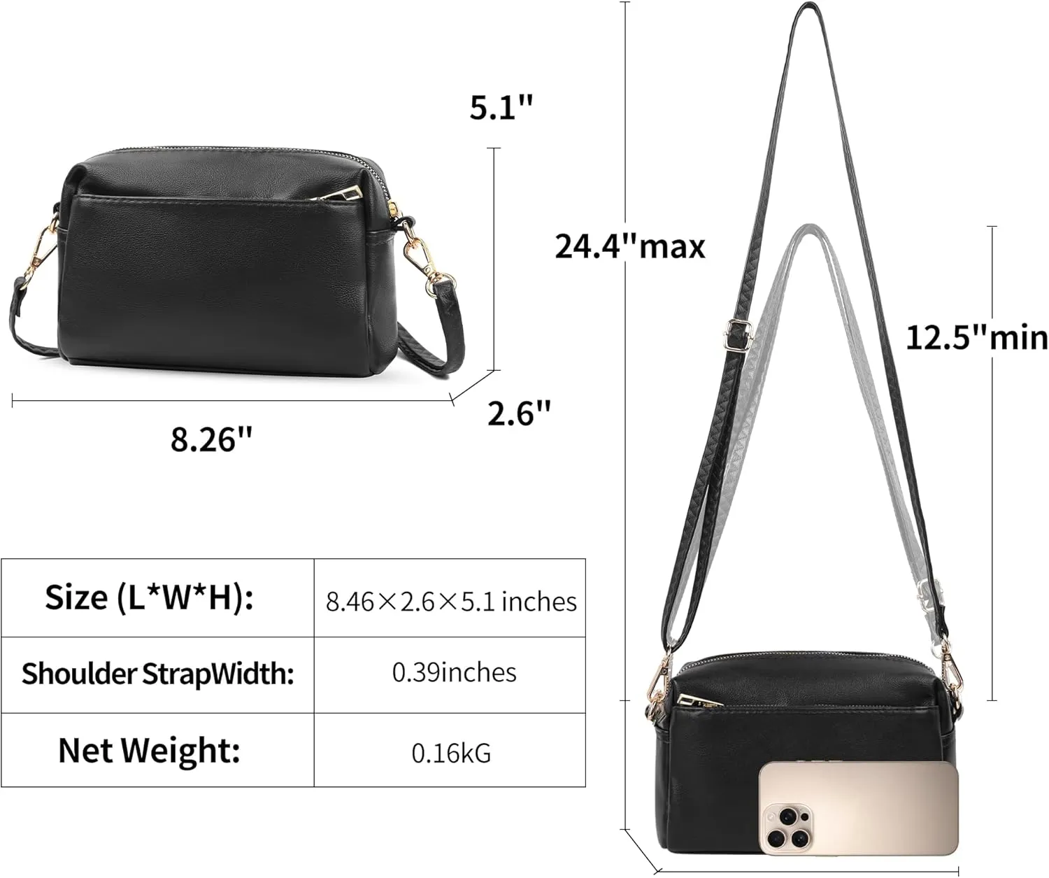 VOROLO Crossbody Bag Triple Zip Small Leather Cross body Purse Shoulder Bag with Ajustable Strap for Women