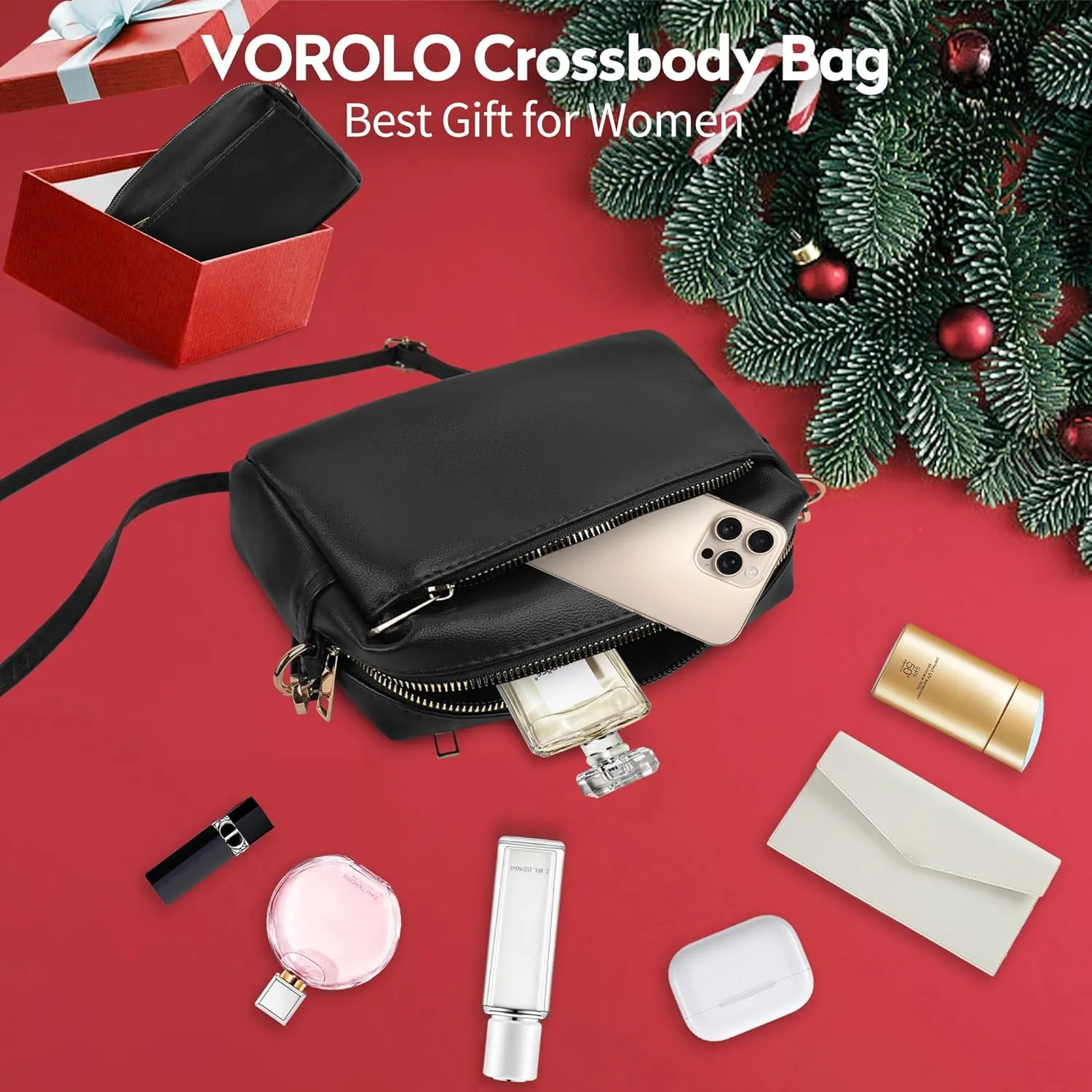 VOROLO Crossbody Bag Triple Zip Small Leather Cross body Purse Shoulder Bag with Ajustable Strap for Women