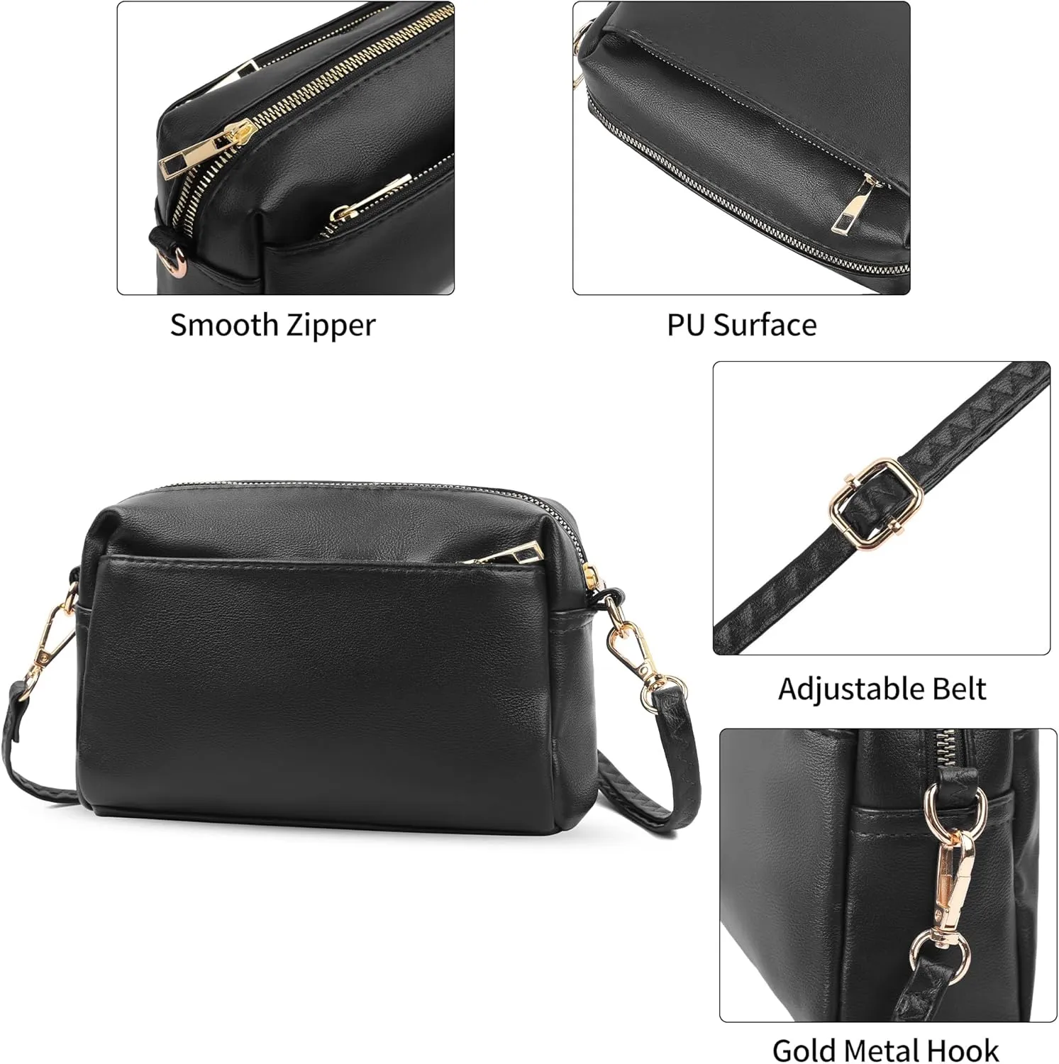 VOROLO Crossbody Bag Triple Zip Small Leather Cross body Purse Shoulder Bag with Ajustable Strap for Women