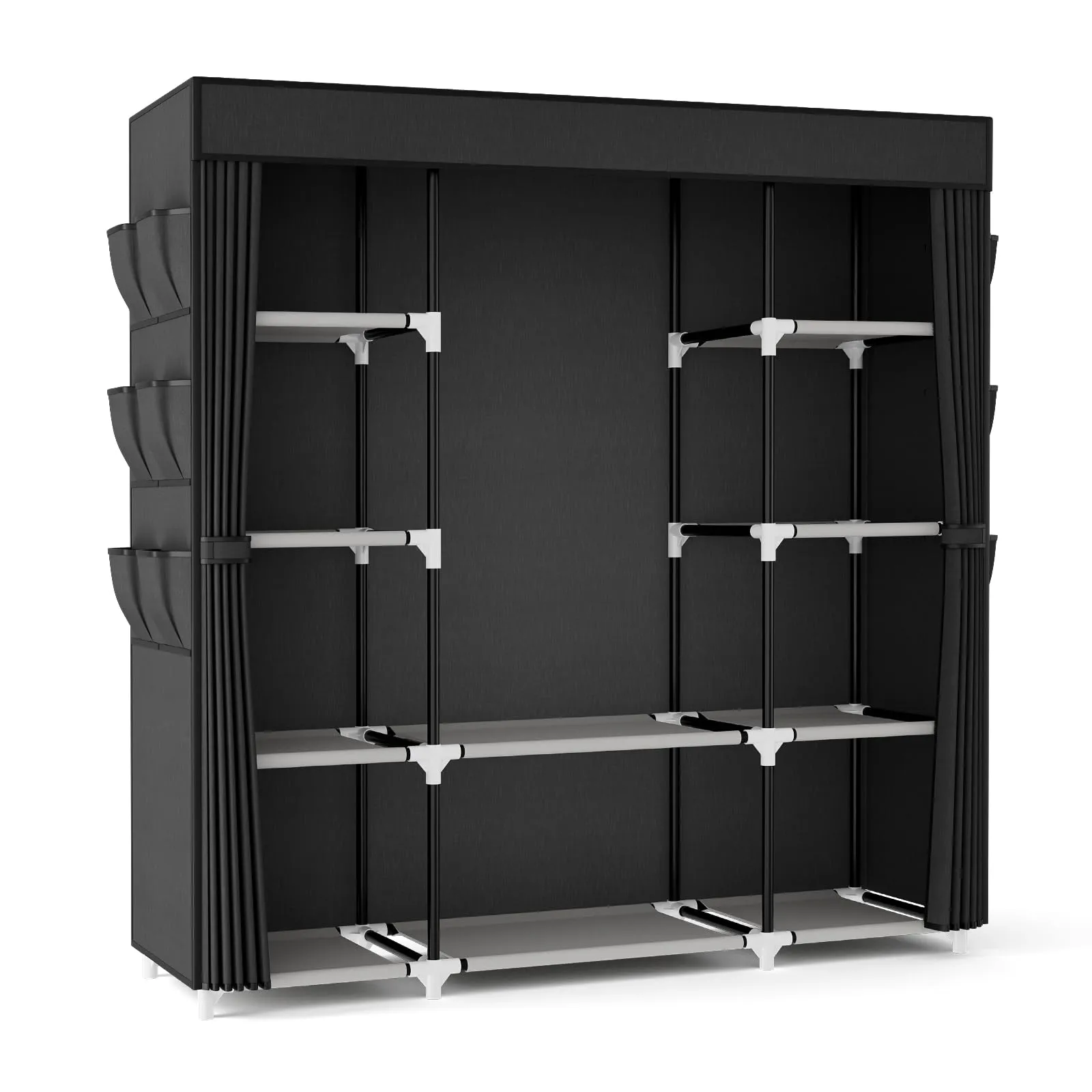 VTRIN Portable Closet Wardrobe for Hanging Clothes 57.3 Inch Large Capacity Clothes Rack with Cover, 10 Storage Organizer Shelves, 1 Hanging Rods and 6 Pockets, Free Standing Closet for Bedroom, Black