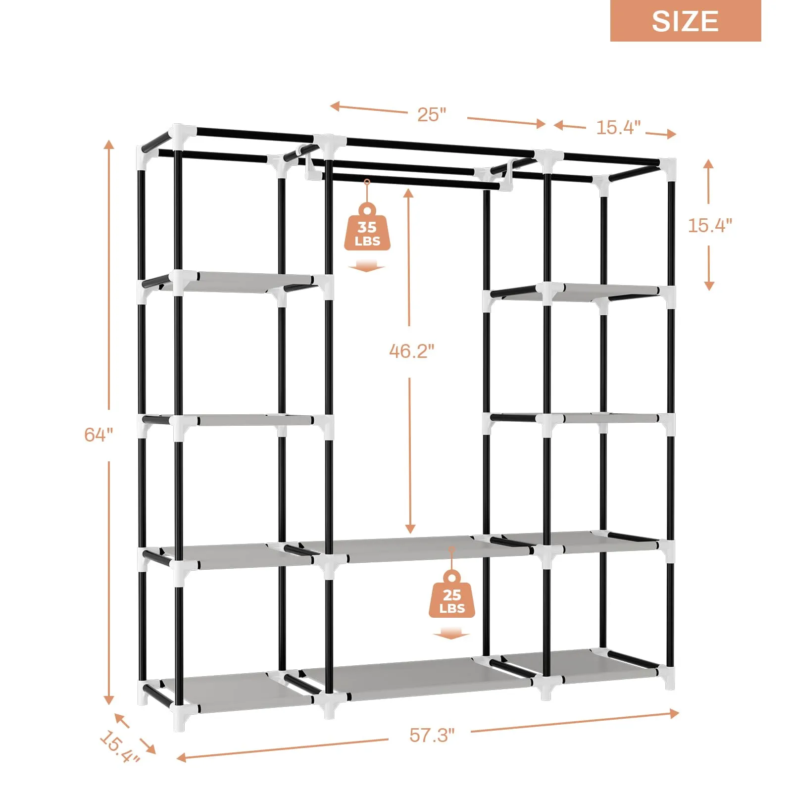 VTRIN Portable Closet Wardrobe for Hanging Clothes 57.3 Inch Large Capacity Clothes Rack with Cover, 10 Storage Organizer Shelves, 1 Hanging Rods and 6 Pockets, Free Standing Closet for Bedroom, Black
