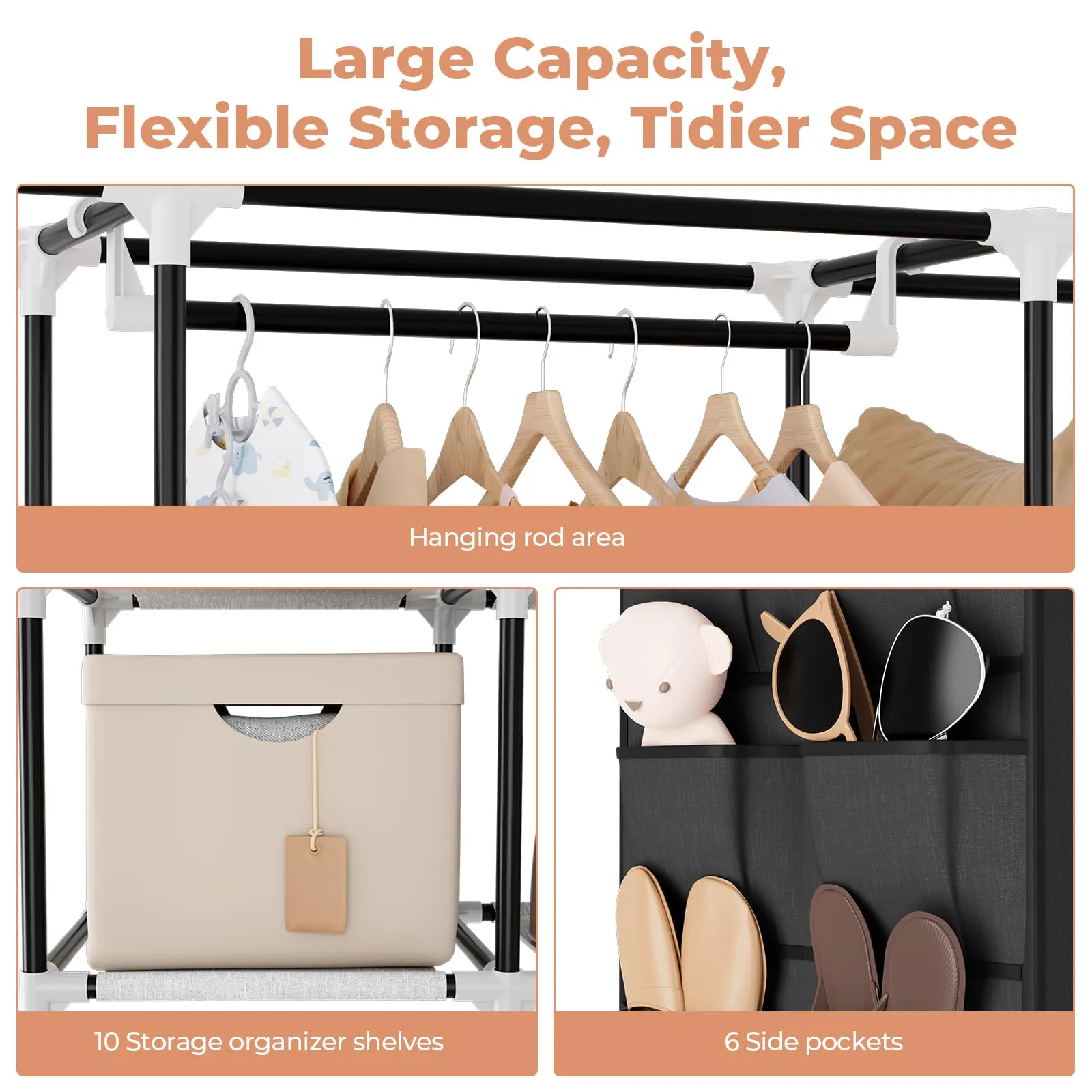 VTRIN Portable Closet Wardrobe for Hanging Clothes 57.3 Inch Large Capacity Clothes Rack with Cover, 10 Storage Organizer Shelves, 1 Hanging Rods and 6 Pockets, Free Standing Closet for Bedroom, Black