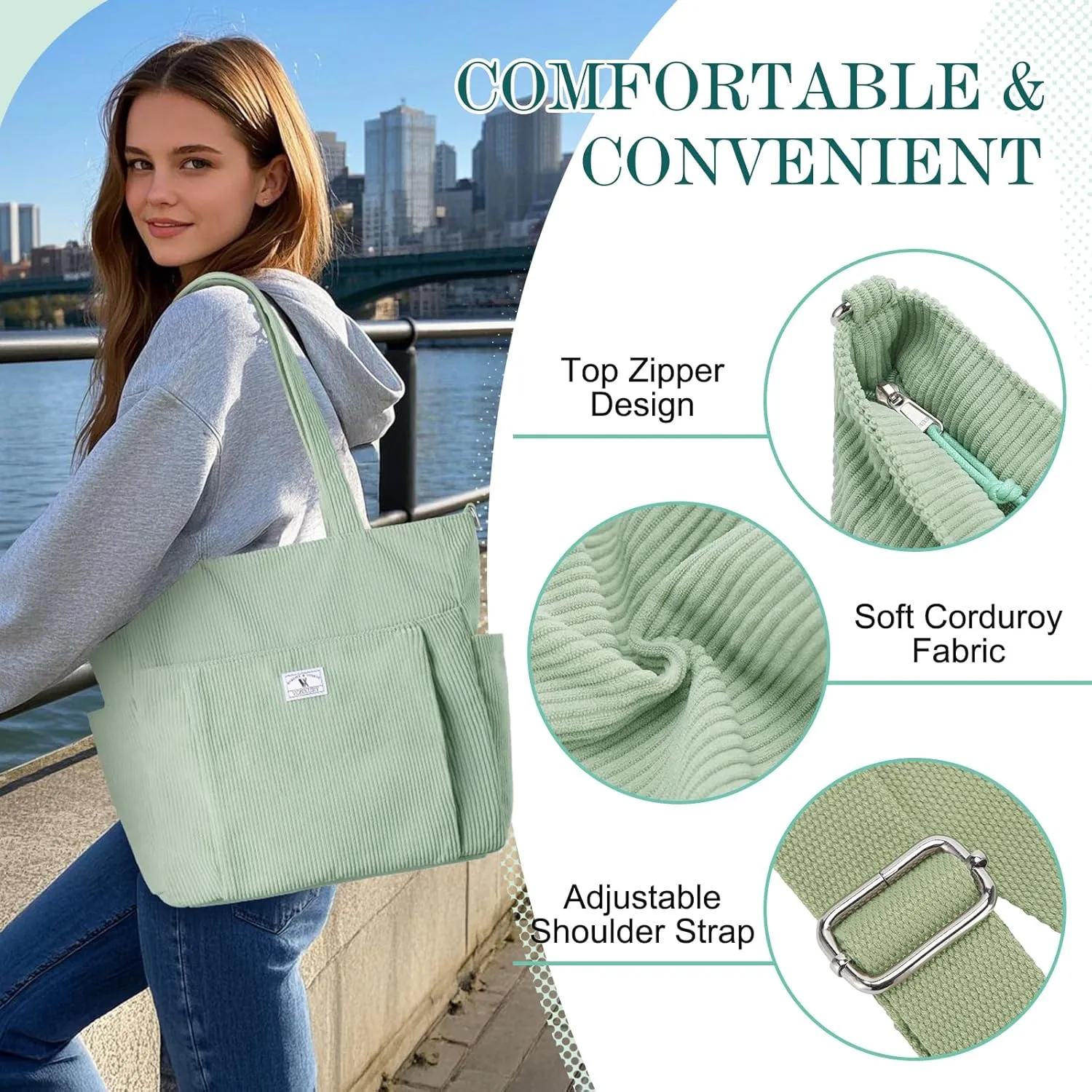 VX VONXURY Tote Bag for Women Corduroy Large Shoulder Bag with Multi Pockets Lightweight Handbag for Work College Shopping