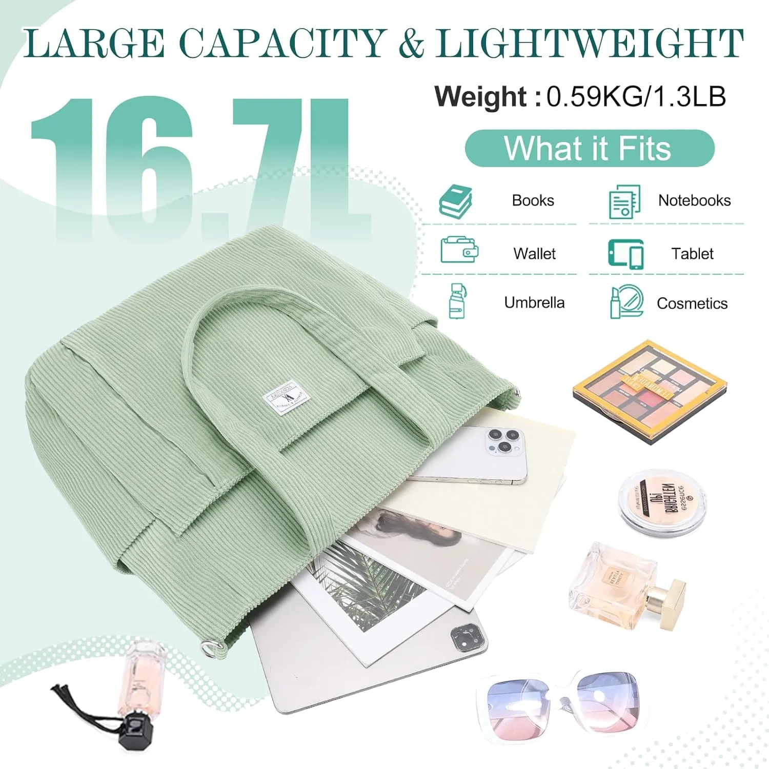VX VONXURY Tote Bag for Women Corduroy Large Shoulder Bag with Multi Pockets Lightweight Handbag for Work College Shopping