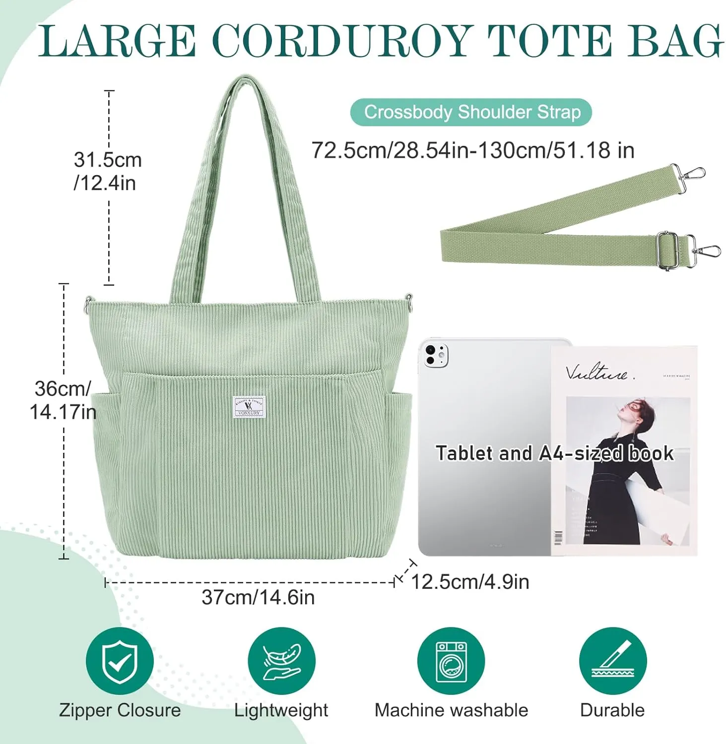 VX VONXURY Tote Bag for Women Corduroy Large Shoulder Bag with Multi Pockets Lightweight Handbag for Work College Shopping