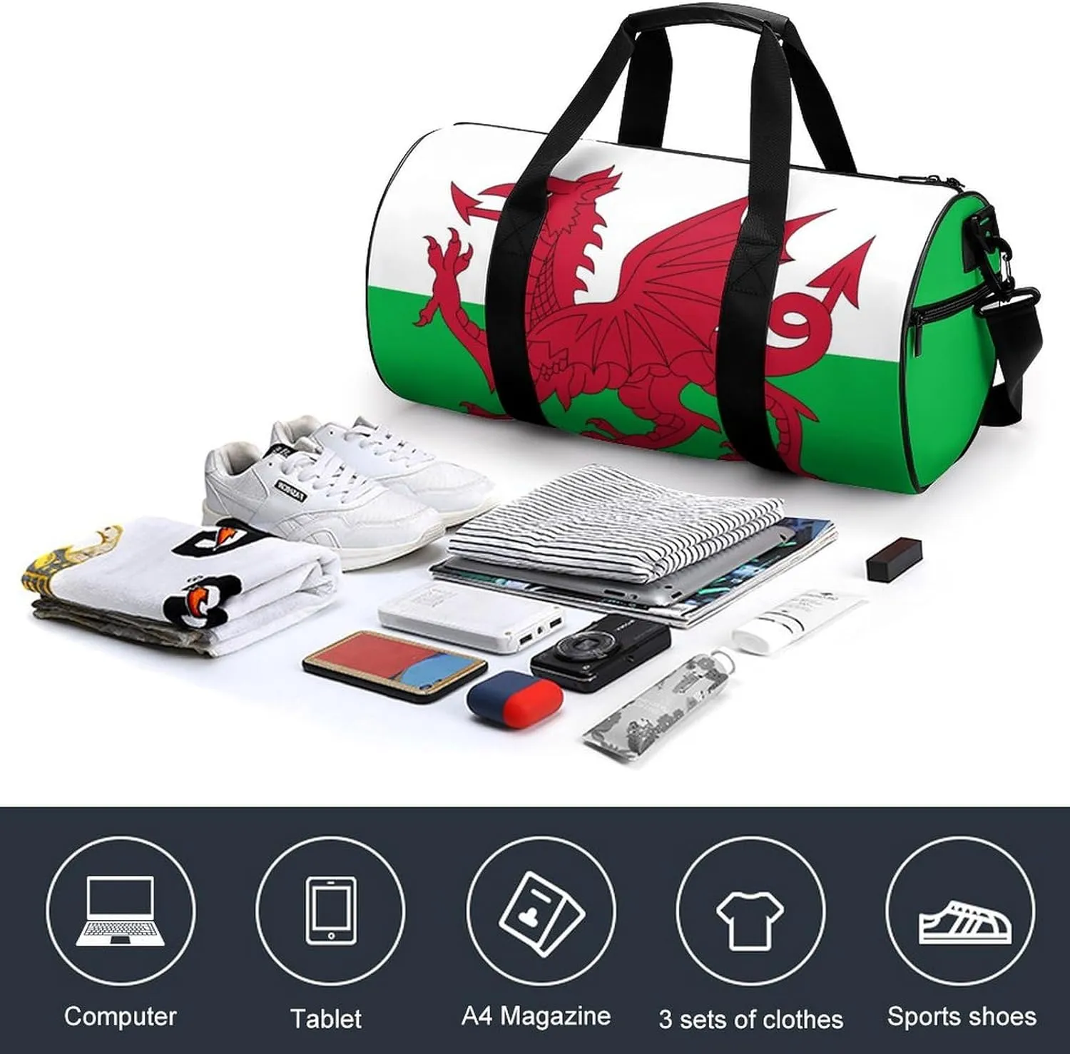 Wales Flag Sports Duffel Bag for Women Men with Wet Pocket Lightweight Gym Travel Tote