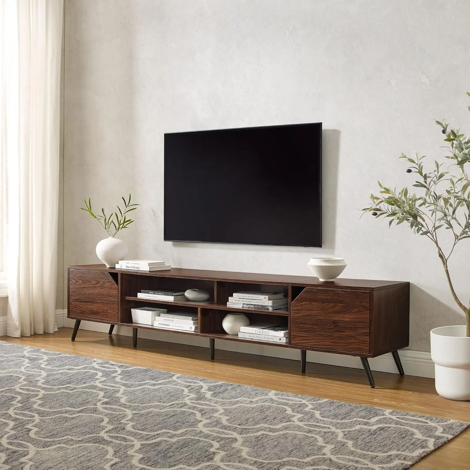 Walker Edison Nora Modern Minimal Open-Shelf TV Stand for TVs up to 90 Inches, 80 Inch, Dark Walnut
