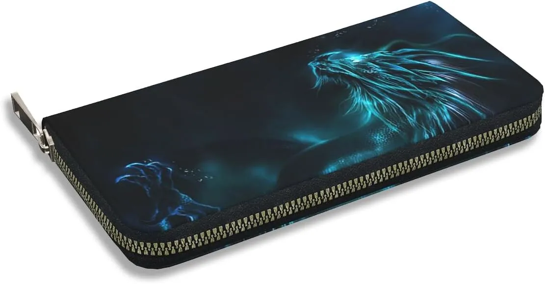 Wallet for Men PU Leather Credit Card Wallet, Cool Cash Clutch Long Purse Billfold with Zipper Coin Pocket Gift for Him Husband and Boyfriend Cool Blue Dragon 022